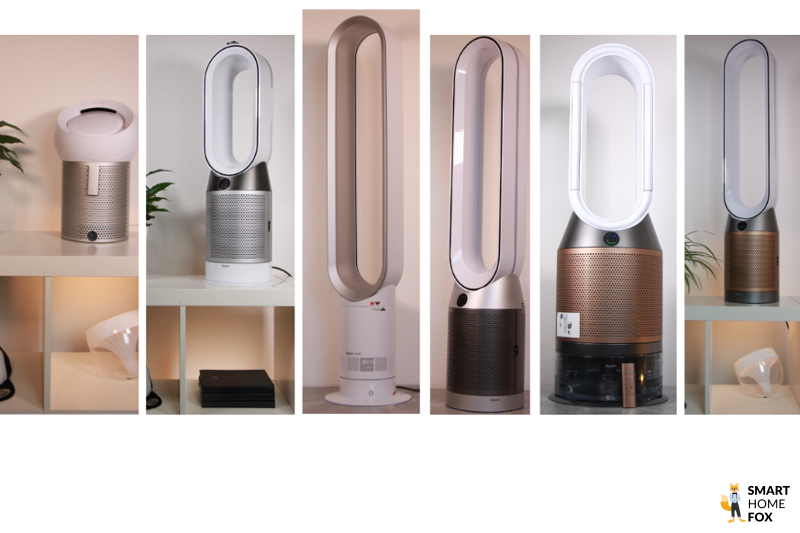 Различные очистители воздуха Dyson и комнатные кондиционеры стоят бок о бок в сравнении дизайна